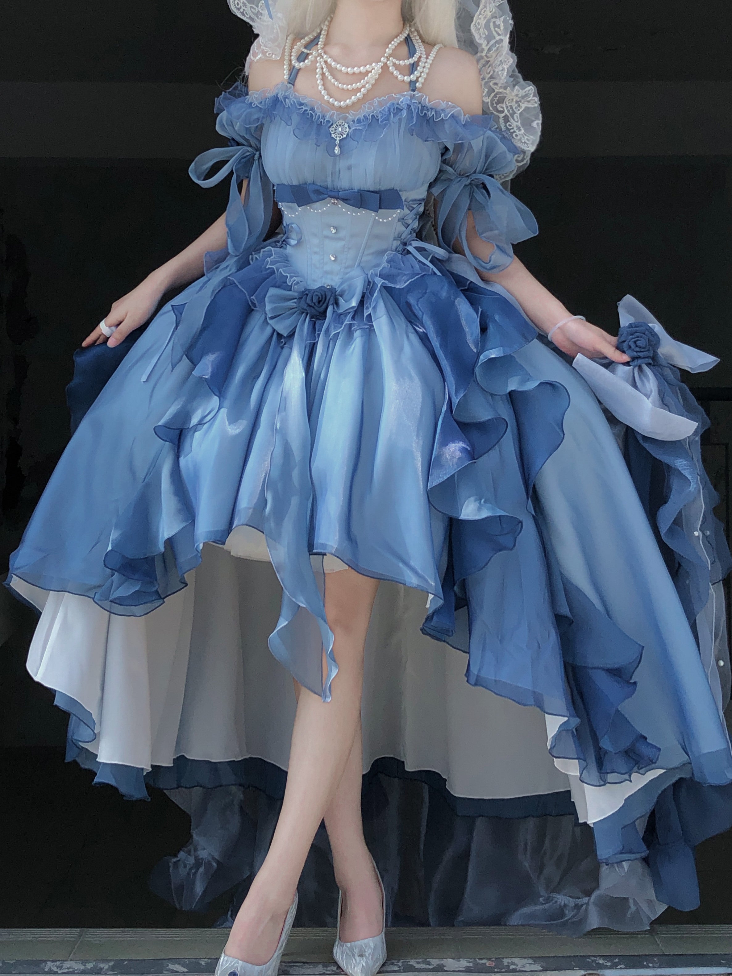 Meowing and fruity - Elegant Lolita Gradient Dark Blue Prom Dress Set gradient dark blue front short back long (dress only) S
