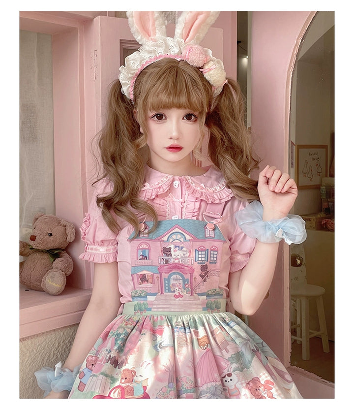 Mewroco~Little Frosty~Kawaii Lolita Summer Blouse Multicolors S pink x pink shirt（cotton + polyester） 