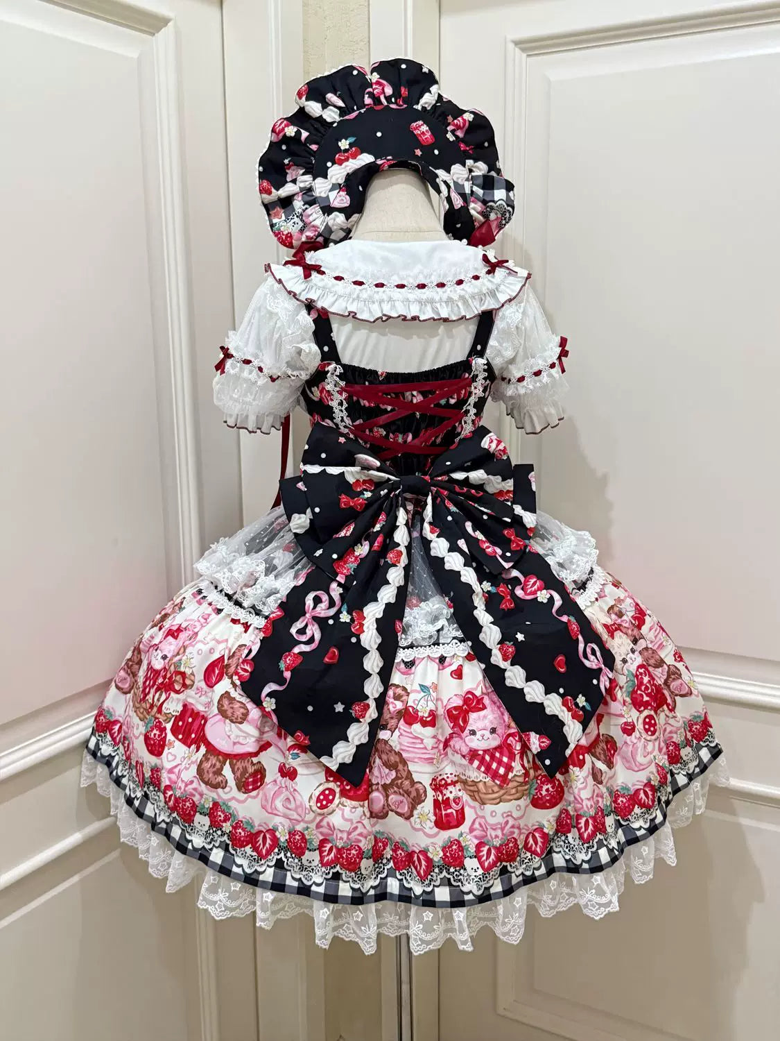 SweetBerry Bunny Bear - Sweet Lolita Tiered Lace JSK Dress, Strawberry and Bear Print Black - JSK + Back Trailing Bow S