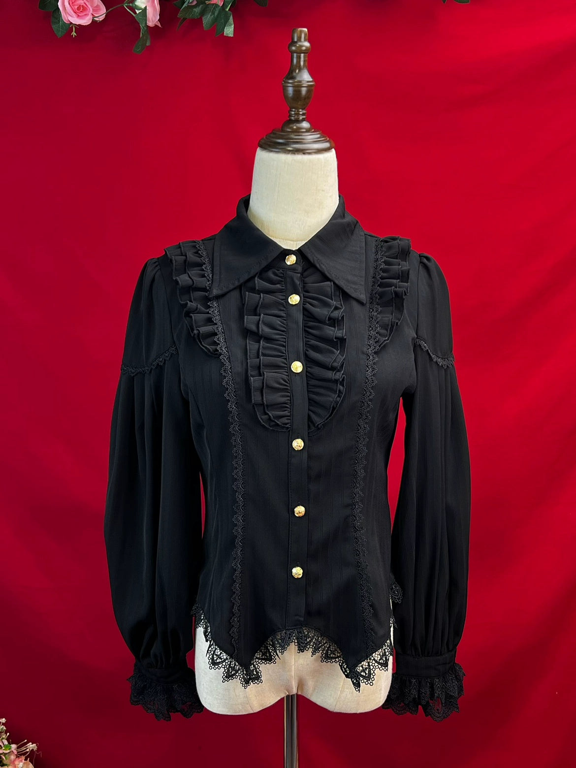 DMFS Lolita - Night Banquet - Pointed Collar Classic Lolita Shirt, Long Sleeve Black S