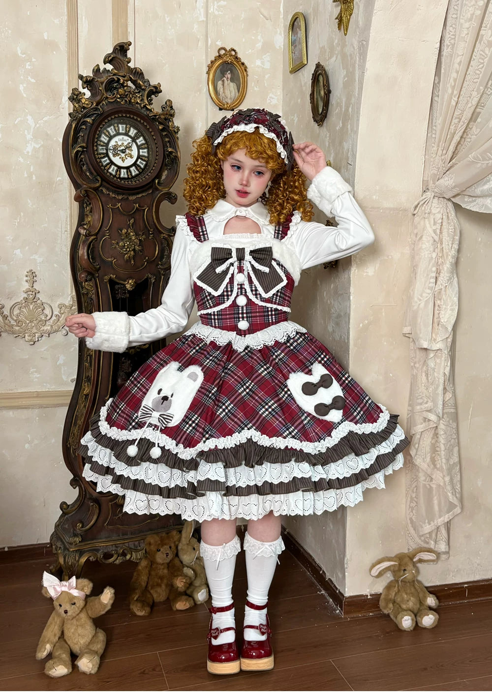Winter Sweet Lolita Cape & JSK Dress Set, Teddy Bear Patch 45974:870012
