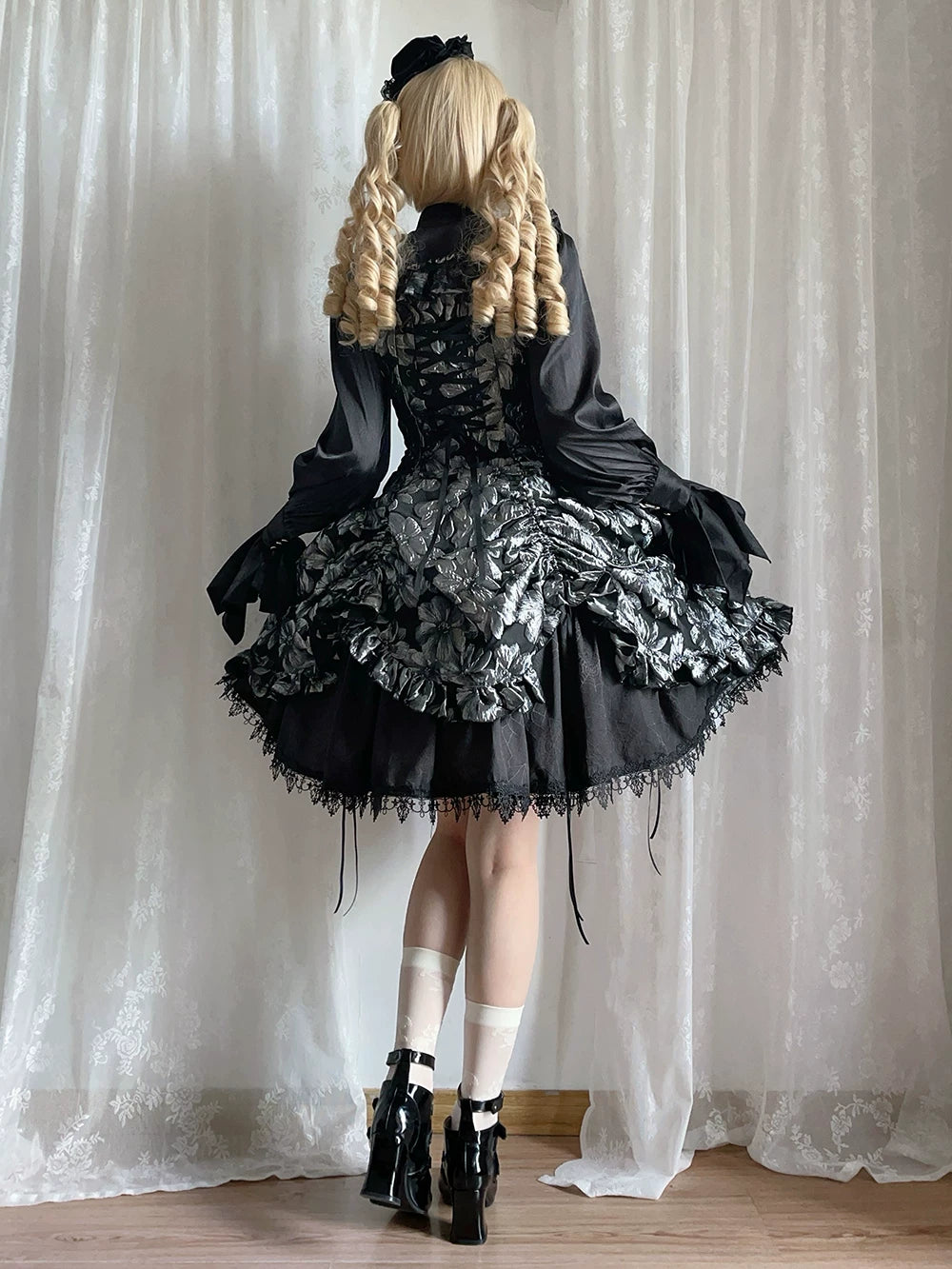 Midnight Lily - Gothic Lolita Lily Jacquard JSK Dress, Drawstring Lift-up Hem 45765:861820