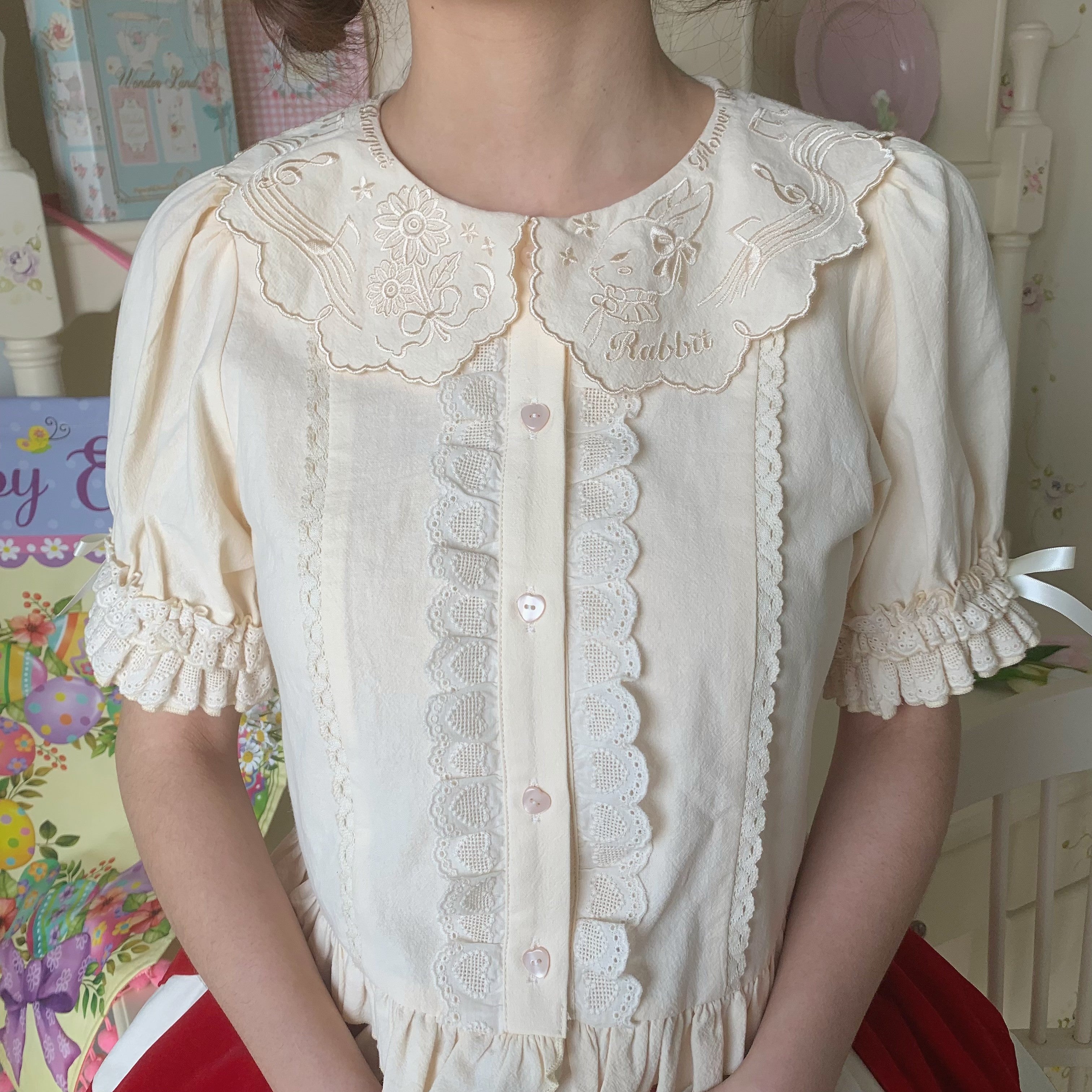 Flower Banquet - Kawaii Lolita Cotton Bunny Embroidery Blouse