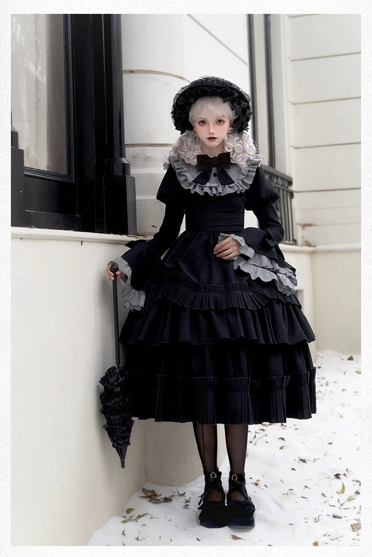 With PUJI~Midnight Chronicles~Black Old School Lolita OP Dress with Princess Sleeve