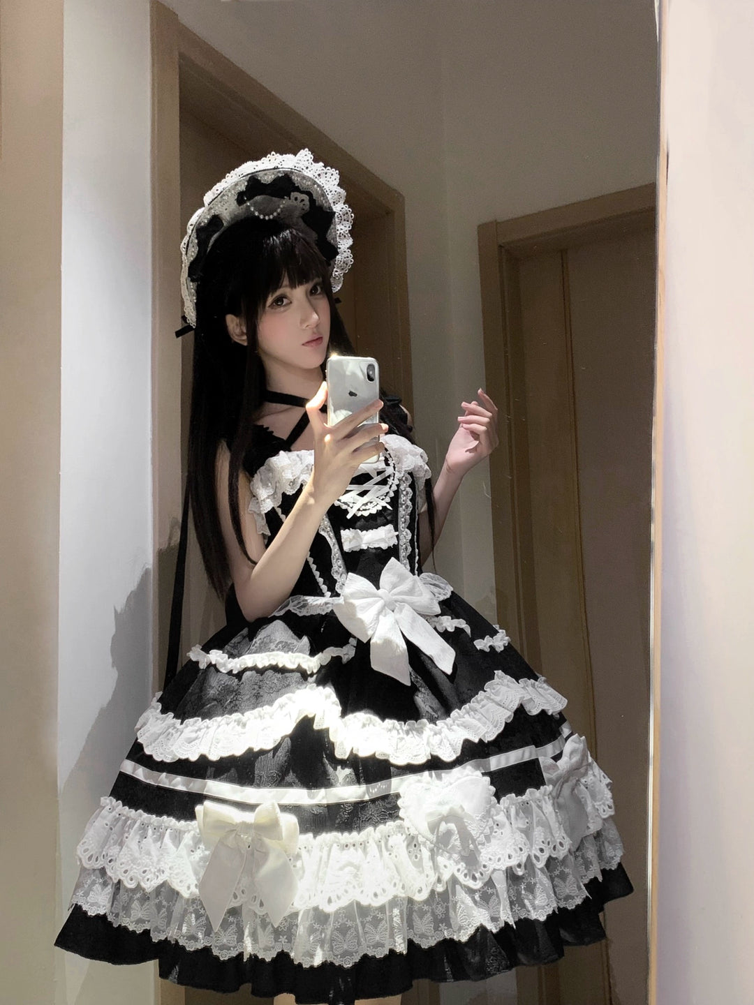 Immersive original~Belia~Old School Lolita JSK Sweet Doll Princess Dress Black (JSK+ Trailing+ Hairband) - S