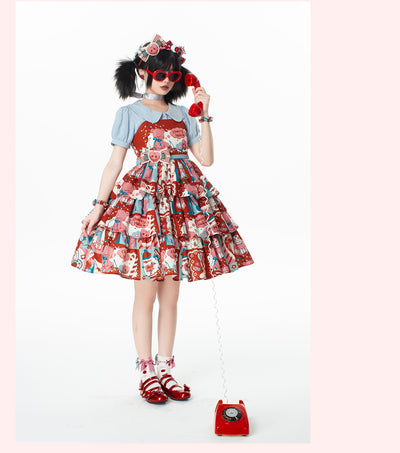 GD Lolita~Cherry Bear~Sweet Lolita Bear and Cherry Print Red JSK   
