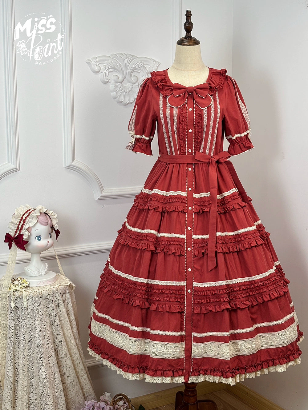 Miss Point~Cat Rose Tea~Elegant Lolita OP Open-front Short Sleeve Tiered Dress (2XL L M S XL XS) 42135:727831