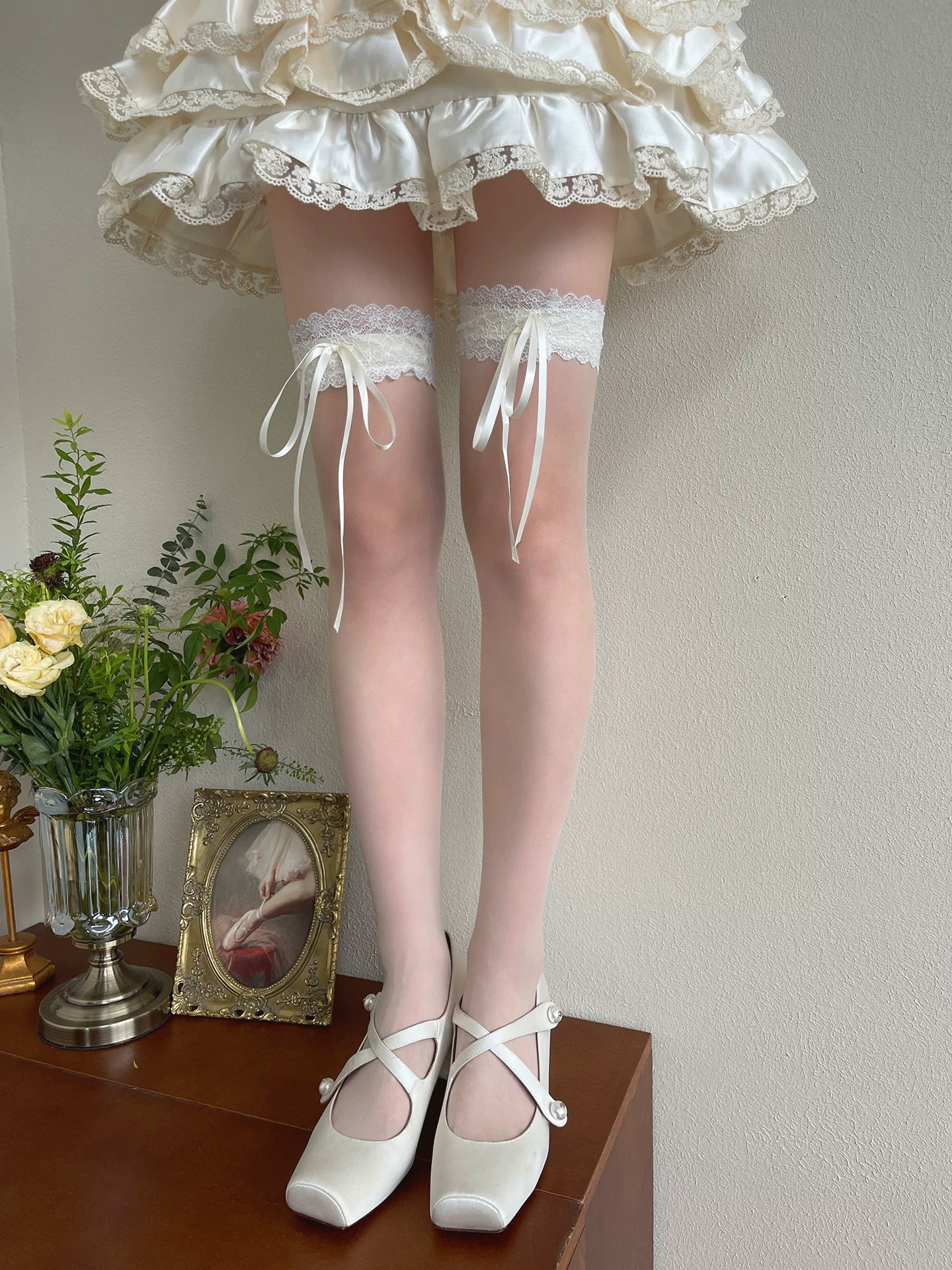 Lolita Over-the-Knee Stockings, Sheer Lace & Bow (White) 44938:829300
