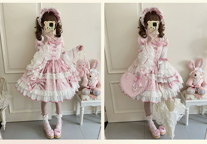 Heartbeat doll~Lily's Tea Party~Pink Old School Lolita OP Dress Long Sleeve