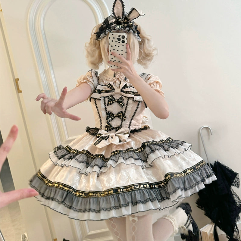 Hanguliang~Rabbit Spades~Kawaii Lolita JSK Flounce Hem Bi-color Dress