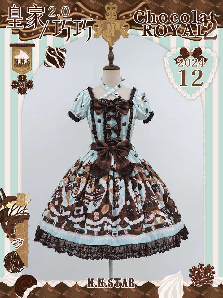 Nn Star~Royal Chocolate 2.0~Sweet Lolita Dress Suit Cute Print Lolita OP and JSK (Short) Green OP only S