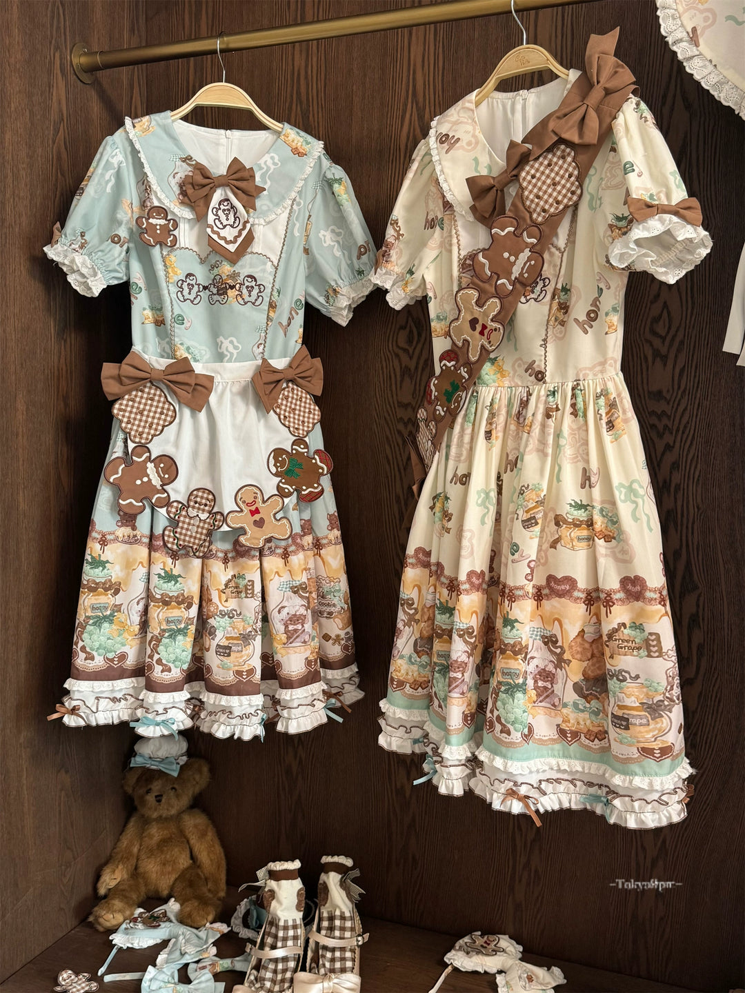 Babyblue~Little Bear Honey Jar~Kawaii Lolita Short Sleeve OP Gingerbread Man Embroidered Dress (2XL L M S XL) 40362:656966