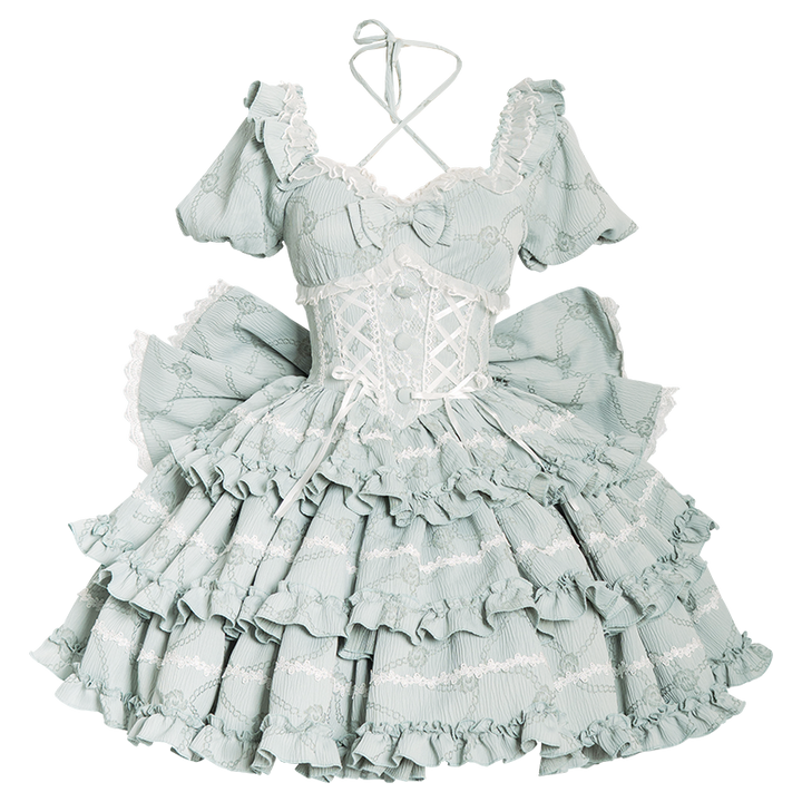 OCELOT~Puff Rose~Sweet Lolita OP Princess Bow Trailing Lolita Dress Mint (OP with large back bow) S 