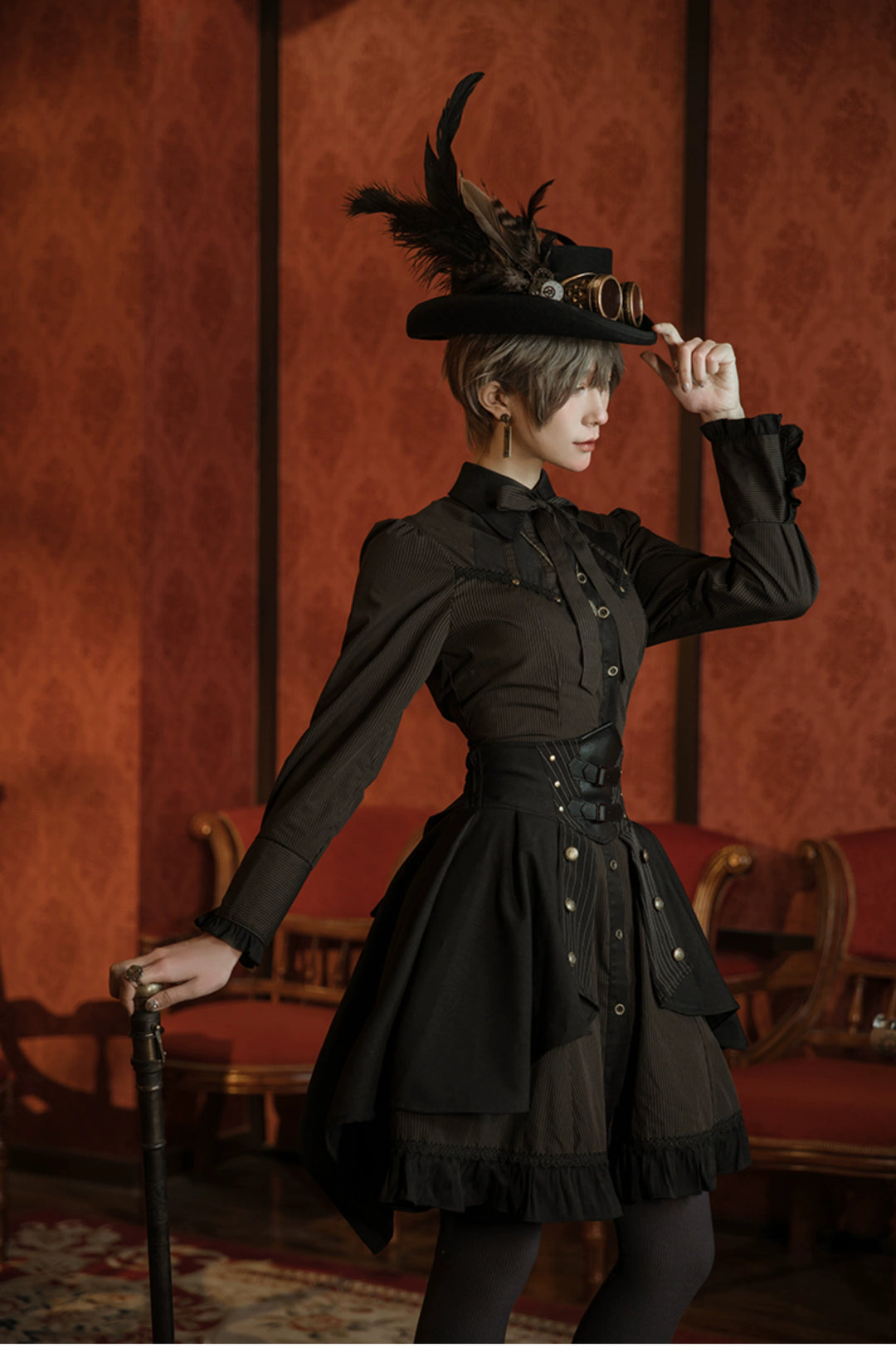 (BFM)Mr. Yi's Steam Continent~Gothic Lolita Skirt Black High-Waisted Leather Waistband Skirt