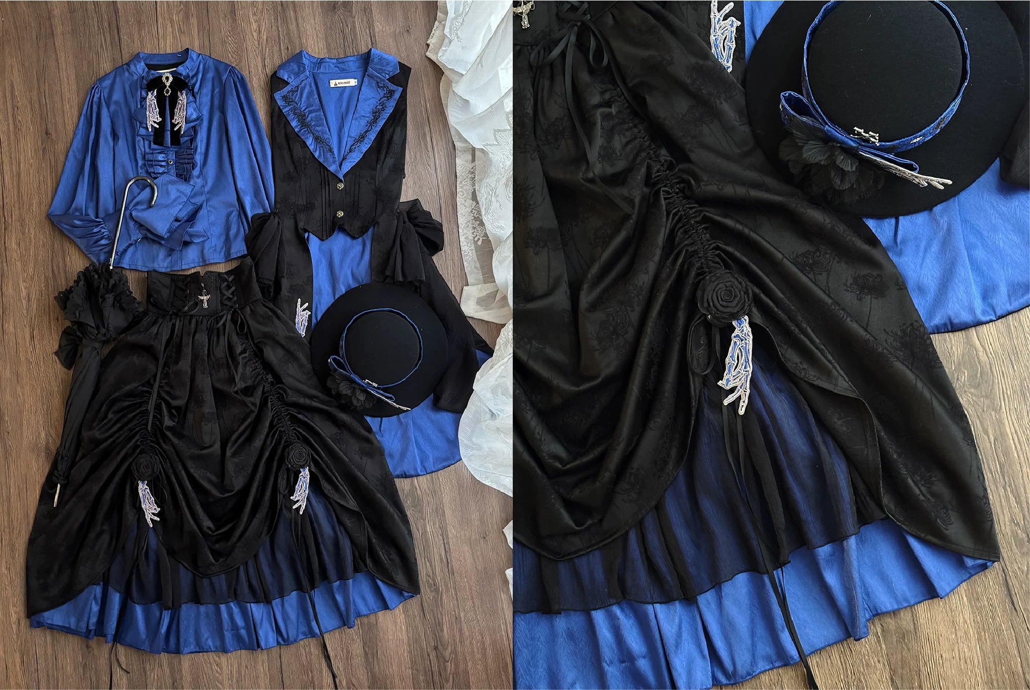 Moonnight Return - Fishbone Gothic Lolita SK Dress, Drawstring lift-up Hem Solid - Blue SK XS