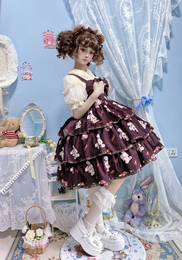 Night Never Sleeps~Bobble Bunny~Kawaii Lolita JSK Tiered Ruffles Dress with Bunny Print