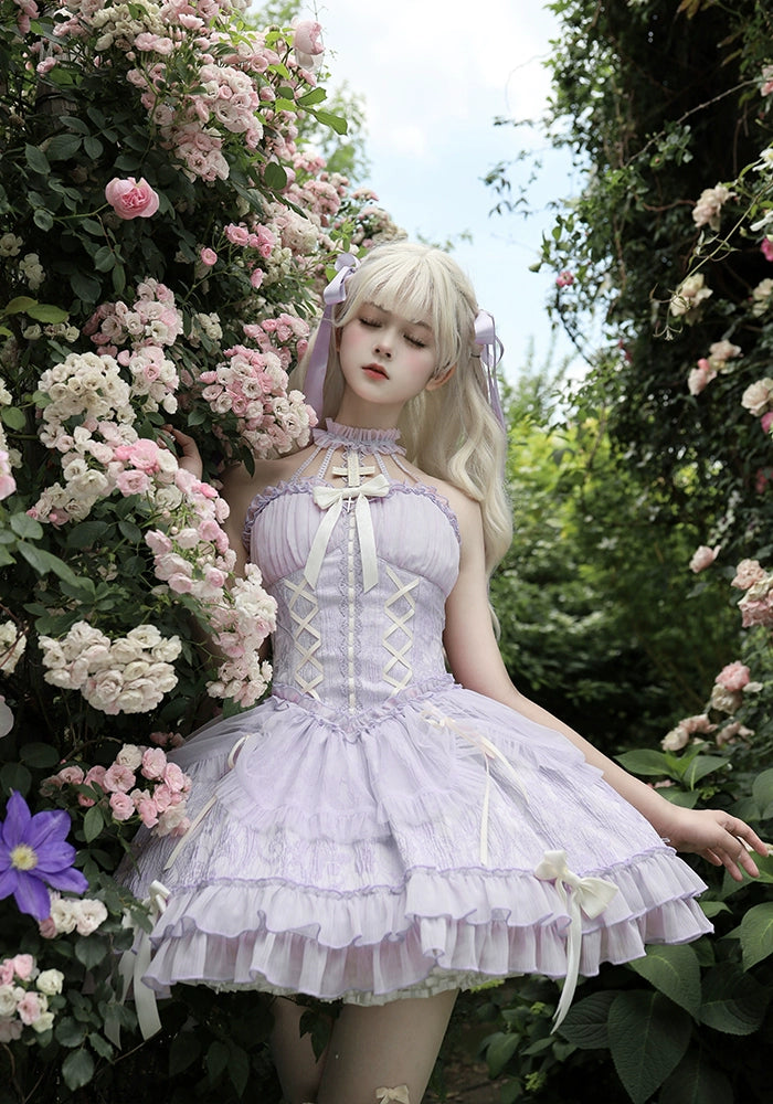 Alice Girl - Cross Maiden - Gothic Lolita Purple JSK Dress With Cross Halterneck & Voile Overlay