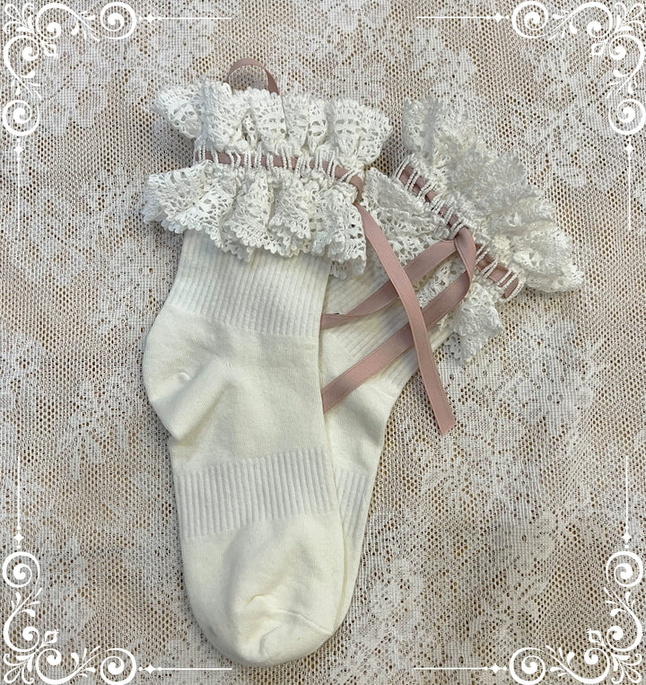 (BFM)Little Bear~Laura's Doll~Sweet Lolita Socks Cotton Short Socks Mid-calf Socks Smoke pink ribbed short socks  