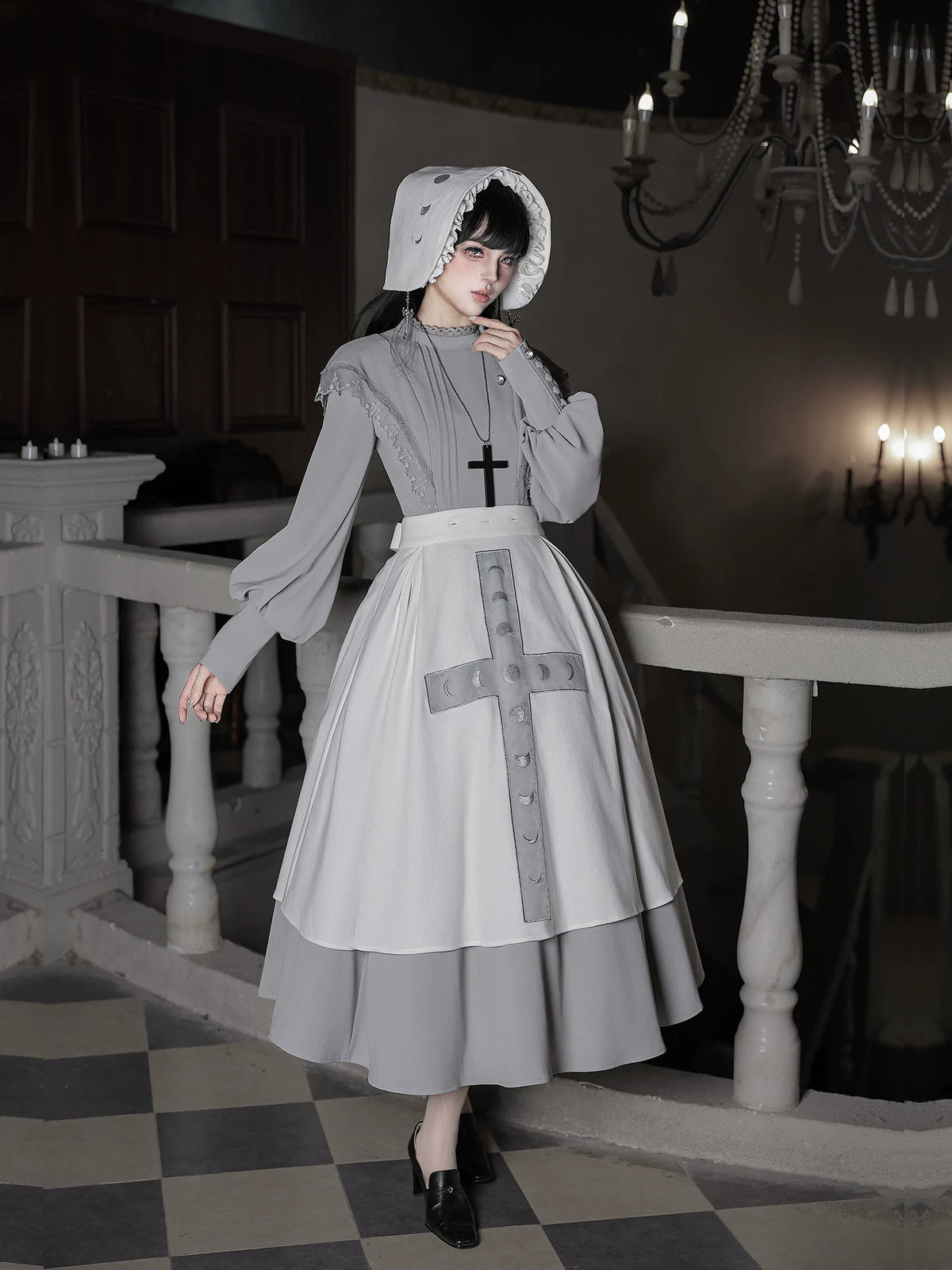 Moon Phase - Gothic Lolita OP Dress Set, Detachable Cross-Shaped Apron 46035:873388