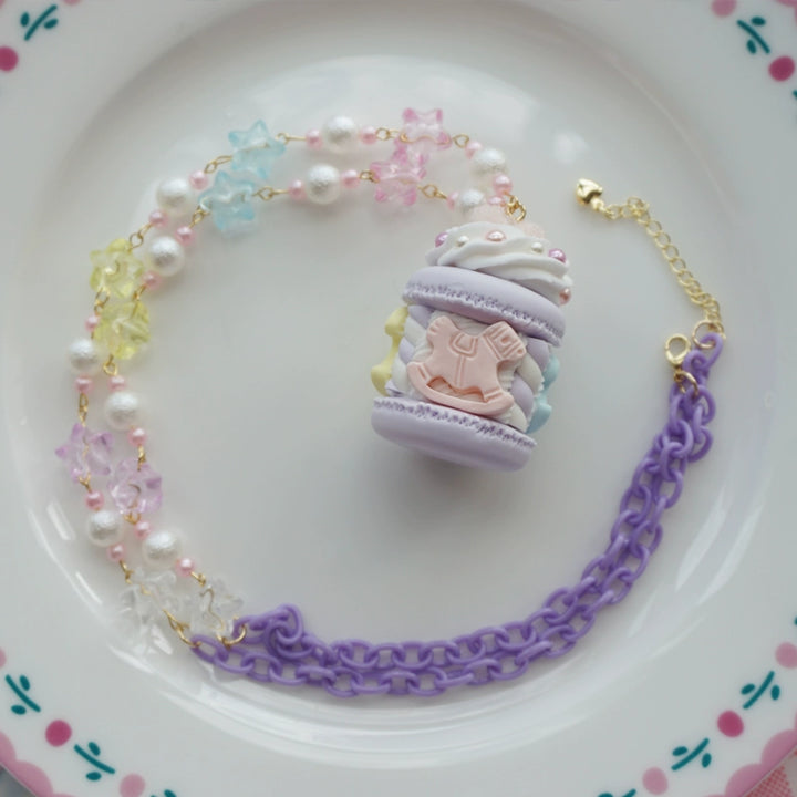 Cat Tea Party~Sweet Lolita Necklace Carousel Cream Macaron Bag Pendant Purple Necklace  