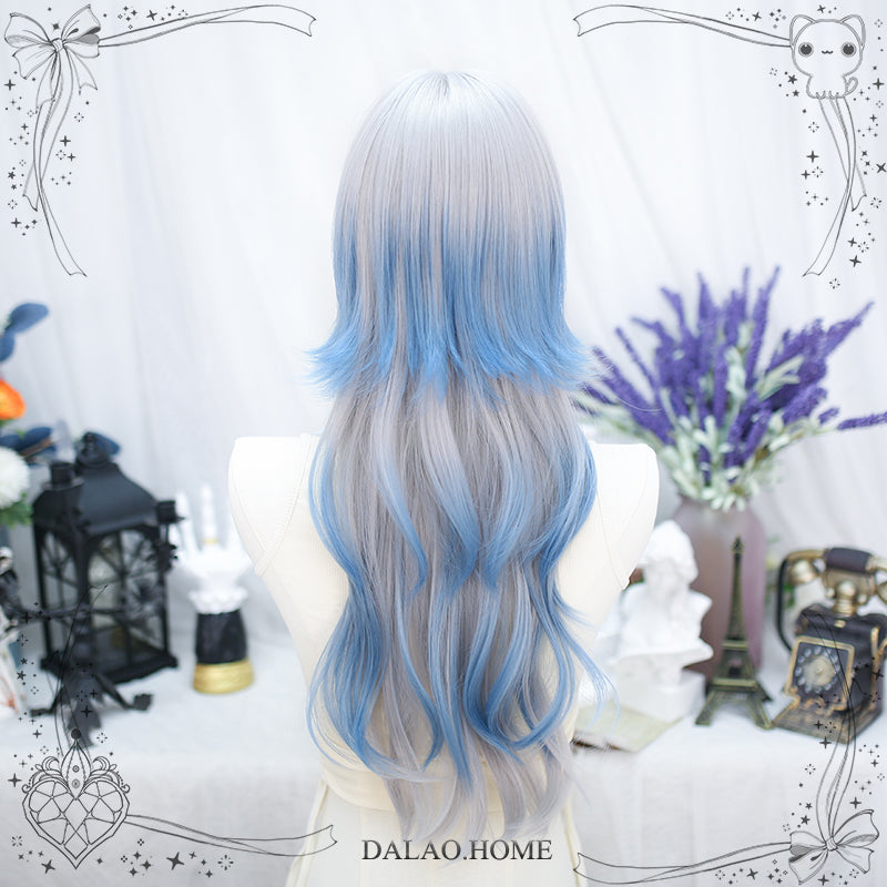 Dalao~Natural Lolita Long Curly Gray Blue Wigs   