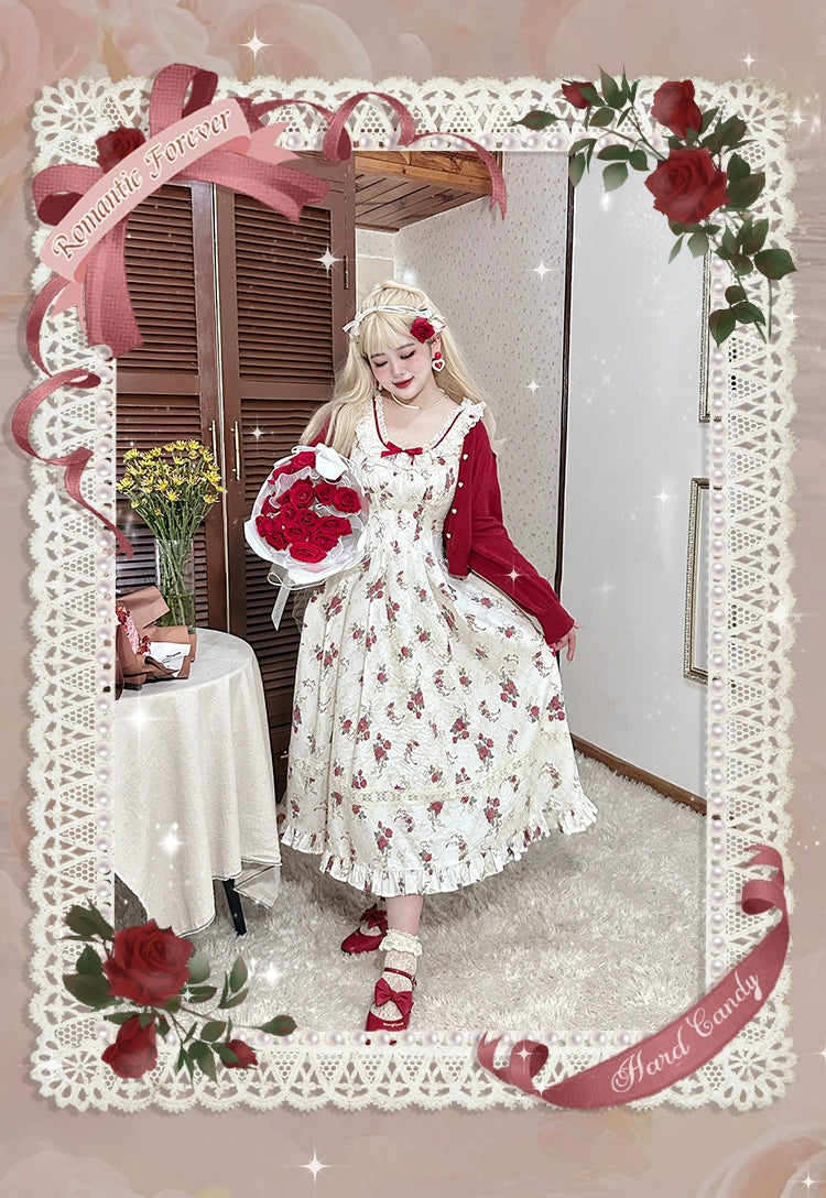 Yingtang~Plus Size Lolita Cardigan Set Elegant French Rose Print Dress (2XL 3XL 4XL XL) 31448:375740