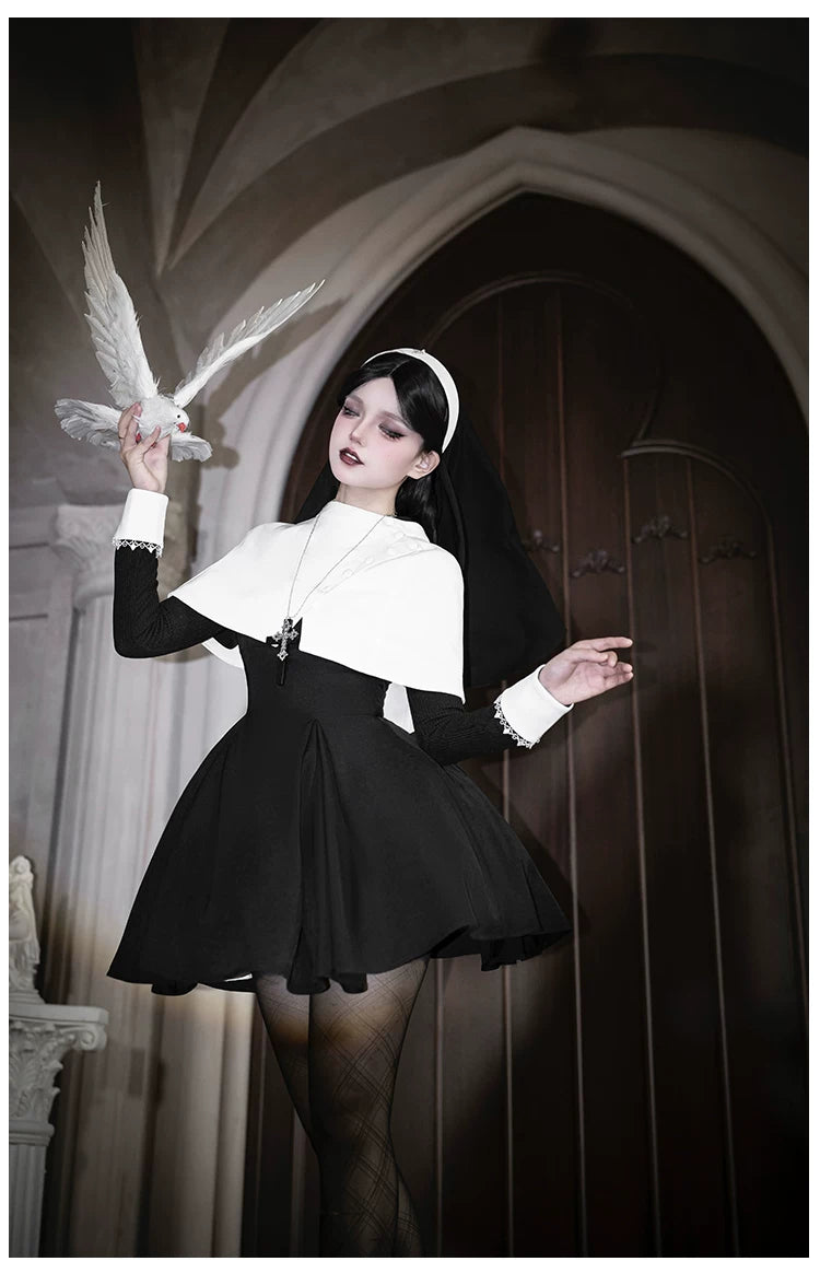 Nihil - Gothic Nun Lolita OP Dress, Irregular Hem Cape 44717:819765