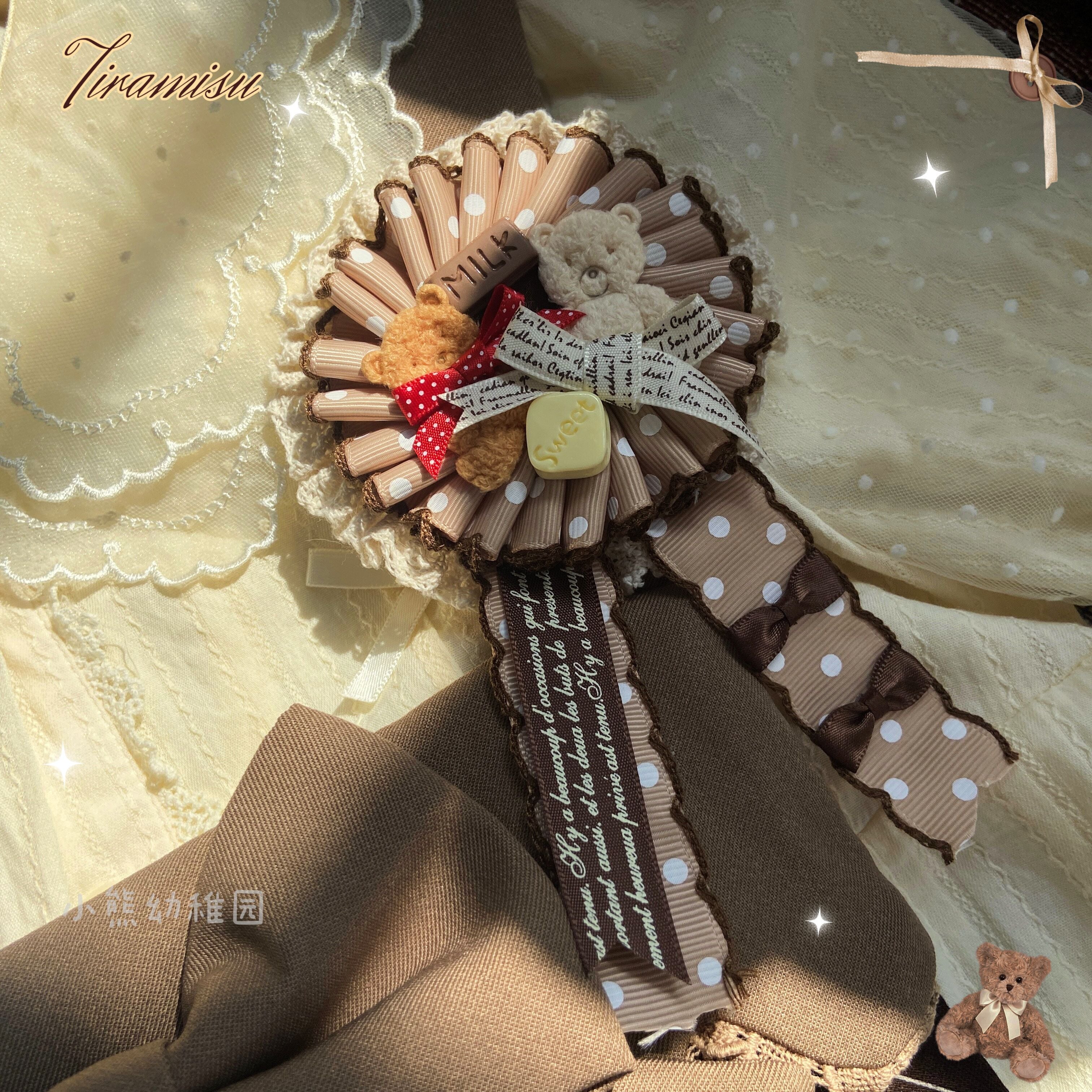 Bear Doll - Augustina - Kawaii Lolita Chocolate Paired Brooch and Hair Clip bear badges