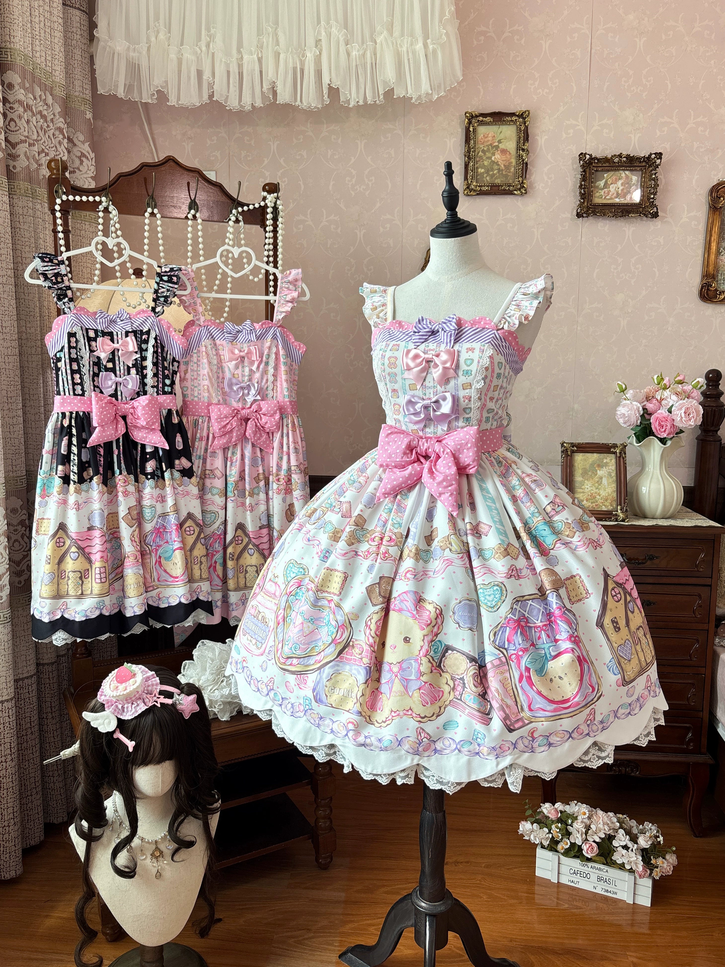 Sugar Frost Cookie - Old School Lolita Bear Dessert Printed JSK Dress 45661:857382