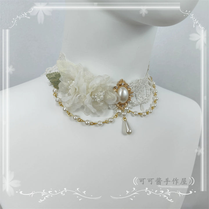 Cocoa Jam~Elegant Lolita Necklace Rose Gemstones and Pearl Necklace milk white  