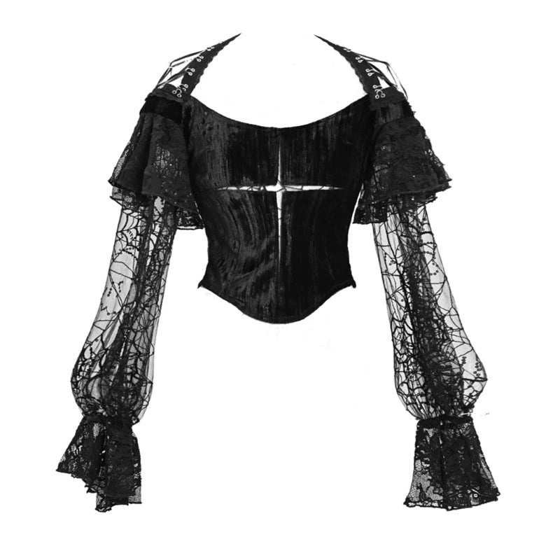 Blood Supply~Duchess~Black Gothic Lolita Shirt Cross Velvet Lace Mutton Sleeve Top Black velvet shirt(detachable sleeves) S 