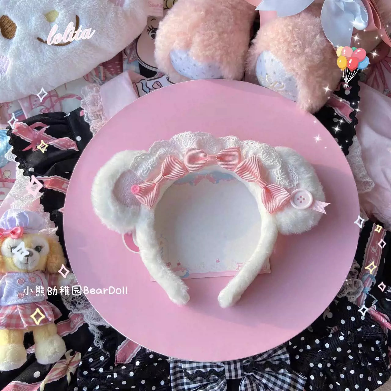 Bear Doll - Kawaii Lolita KC Sweet Butterfly Bow Lolita Headband White Pink Bear Ear KC