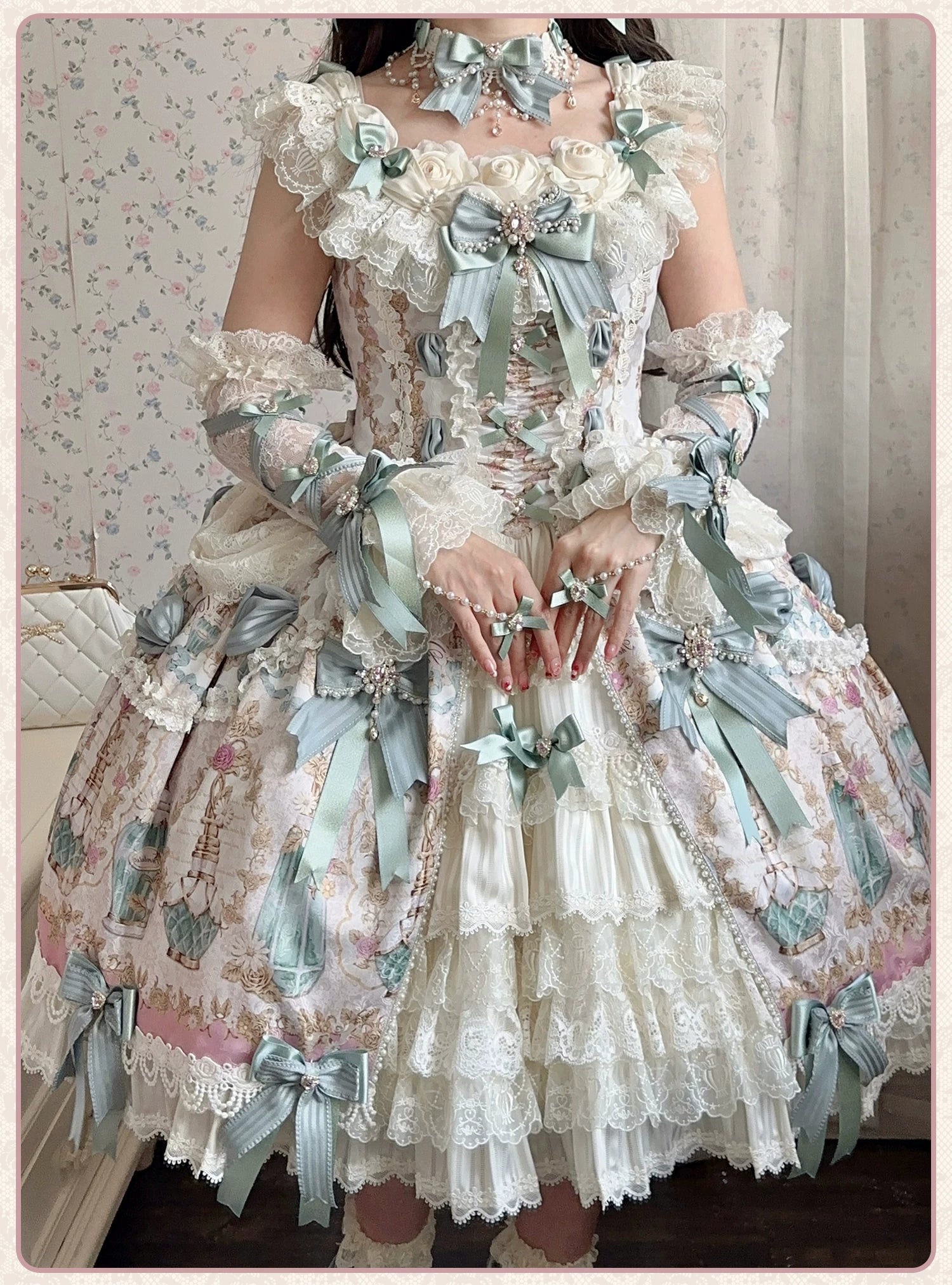 Antique Gem Fragrance - Gorgeous Classic Lolita Dress Set, Floral and Bottle Print 45483:851741