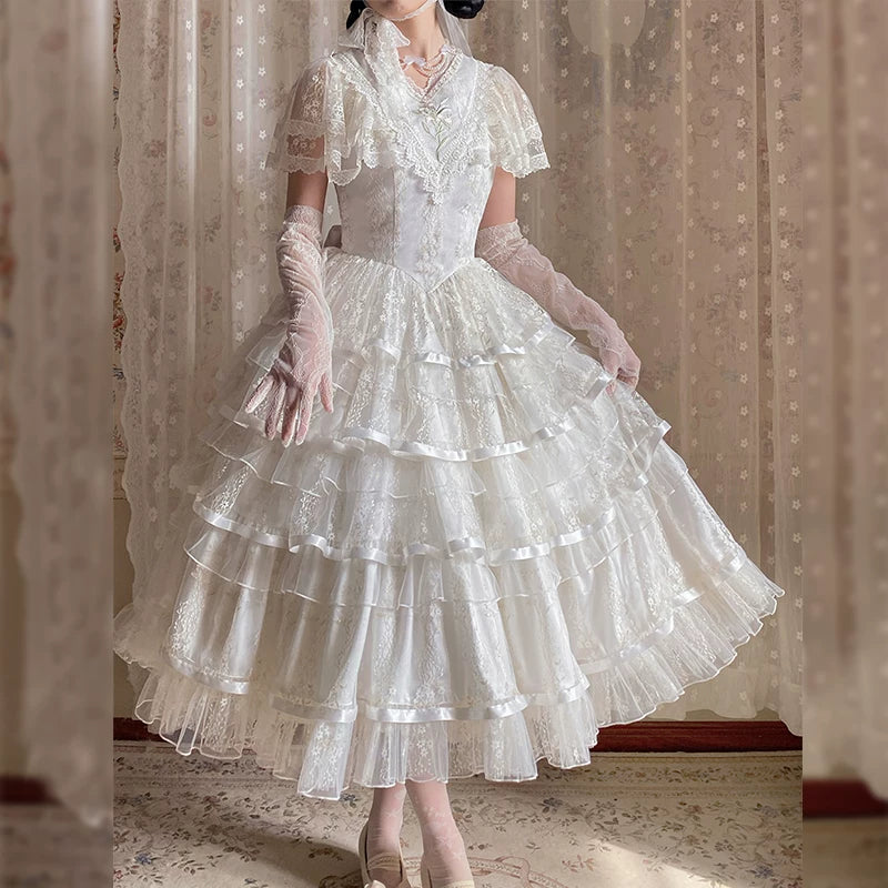 Morning Dew Lily - White Classic Lolita OP Dress, Tiered Skirt