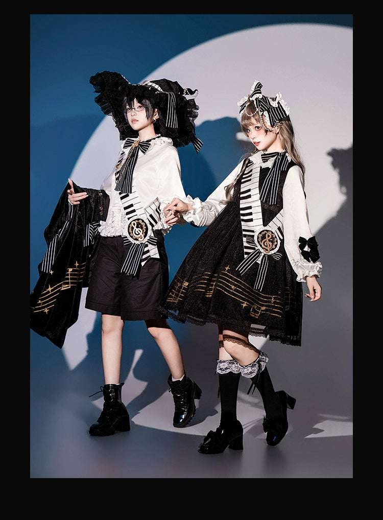 Forest Fluorescent Carps~Black and White Sonata~Ouji Lolita Vest Suit and Vintage Lolita OP Dress