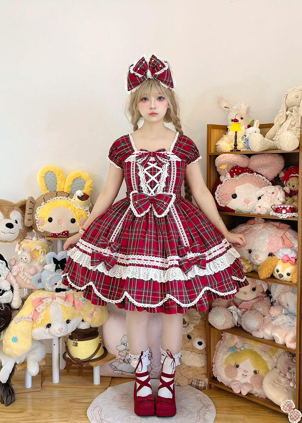 Plaid Petal Bunny - Old School Lolita Plaid OP Dress, Petal-shaped Hem 44673:818323
