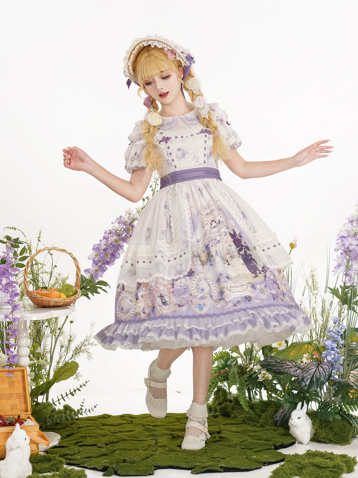 Baduoni~Red Bunny Tea Party~Sweet Lolita OP Classic Dress with Detachable Apron BNT