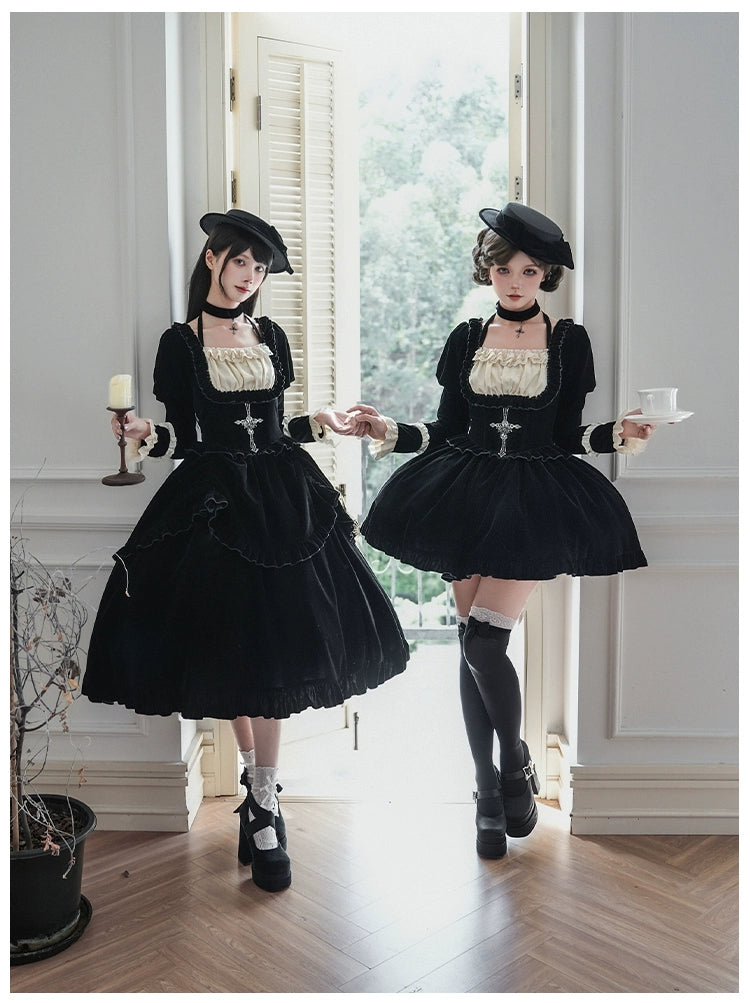 With PUJI - Apocalypse - Gothic Lolita Velvet OP Dress Set, Fishbone Waist 44128:797119