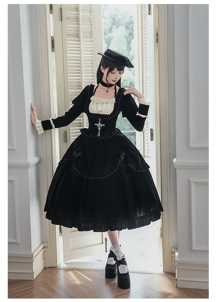 With PUJI - Apocalypse - Gothic Lolita Velvet OP Dress Set, Fishbone Waist 44128:797101
