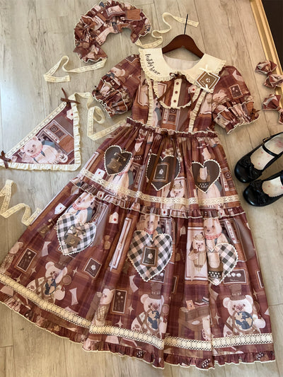 Babyblue~Gretel Bear~Vintage Lolita Dress Teddy Bear Prints Dress S Brown OP 