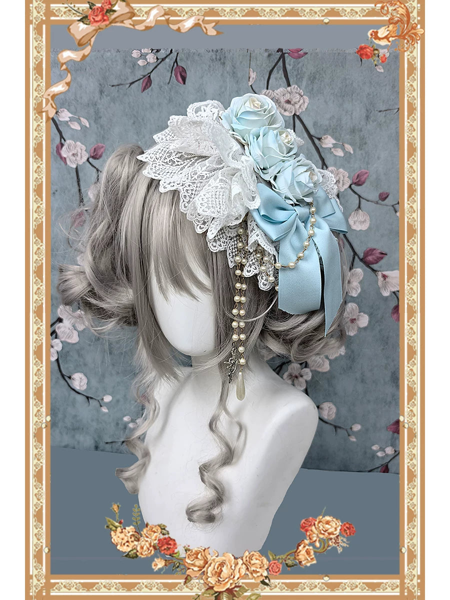 Elegant Lolita Hanamaru Hair Clip, Rose Bow & Pearl-like Chain 46096:874854