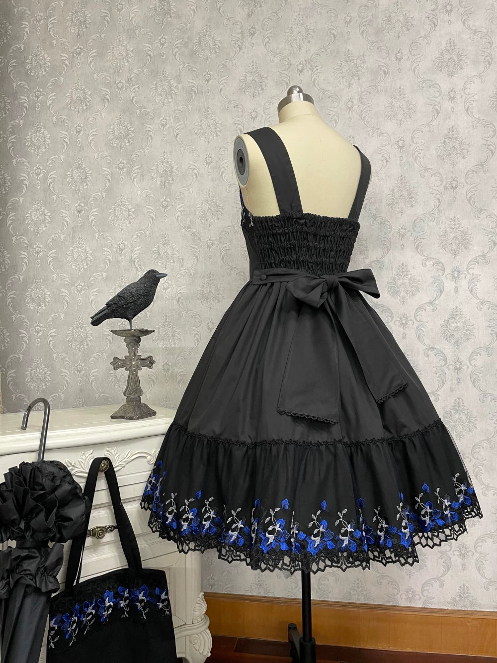 Alice of the Night - Gothic Lolita JSK Cotton Dress, Embroidery & Blue Florals
