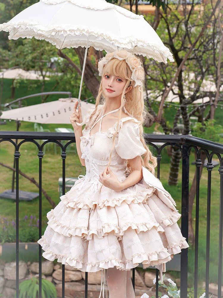 OCELOT~Puff Rose~Sweet Lolita OP Princess Bow Trailing Lolita Dress   