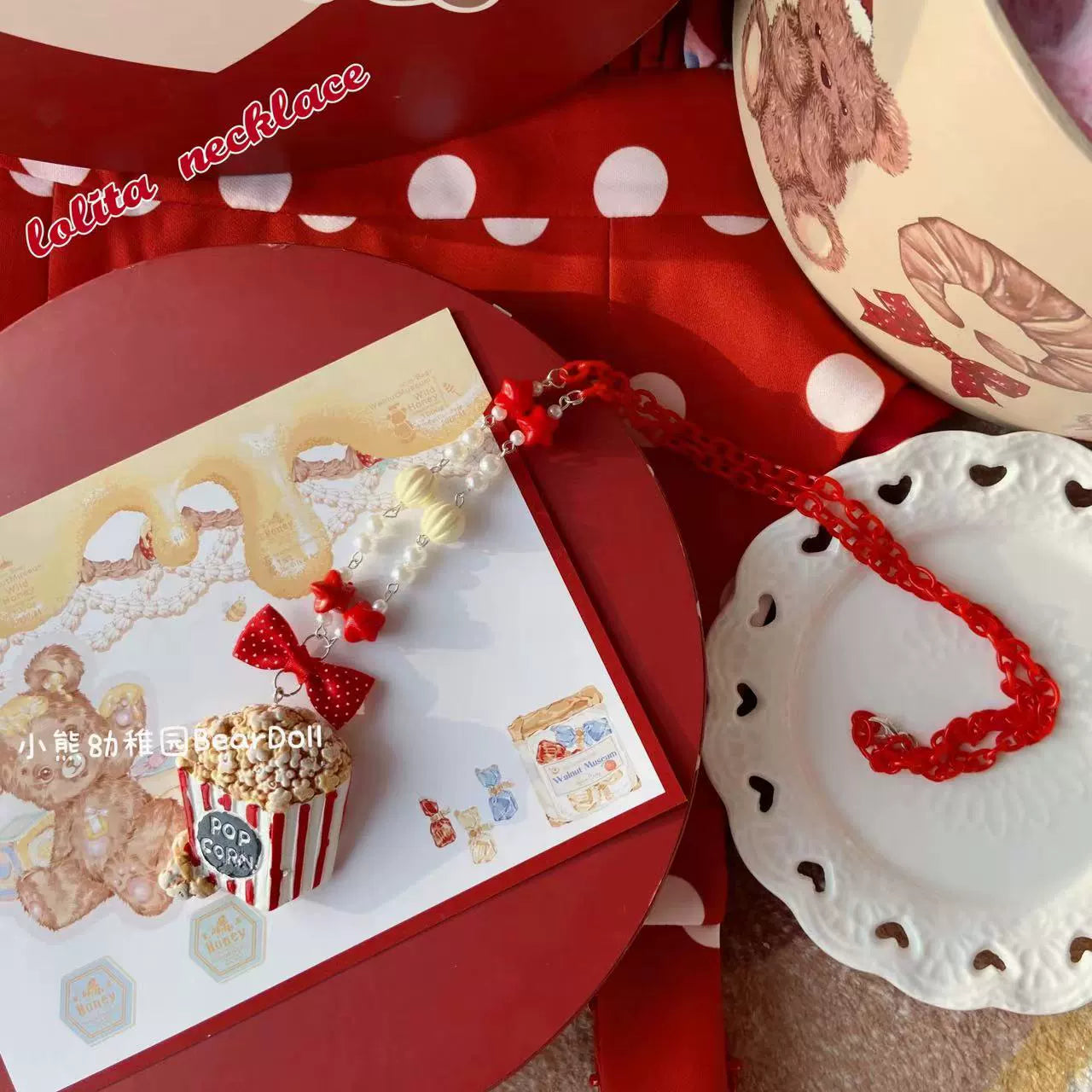 Bear Doll~Sweet Lolita Necklace Cute Beaded Cake Popcorn Tomato Shape Accessories   