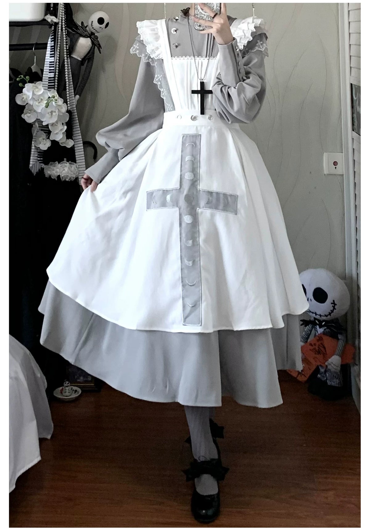 Moon Phase - Gothic Lolita OP Dress Set, Detachable Cross-Shaped Apron 46035:873407
