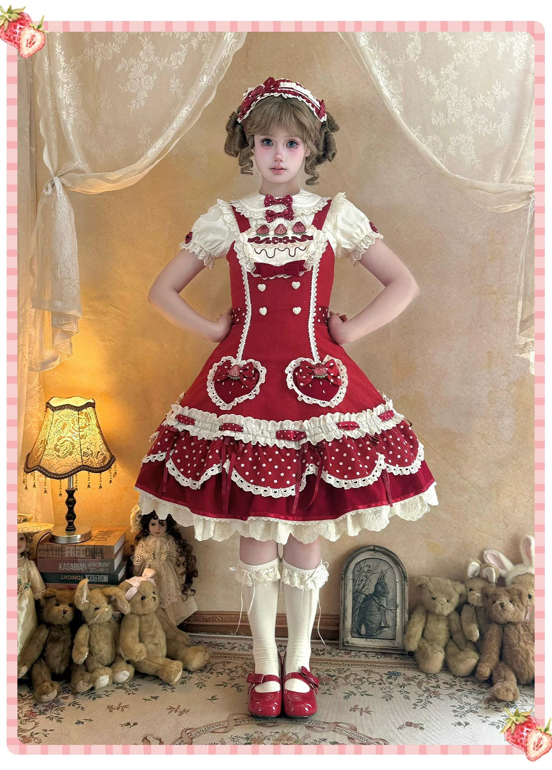 Cream Berry Party - Sweet Lolita JSK Dress, Strawberry Polka-Dot Print 45860:866098