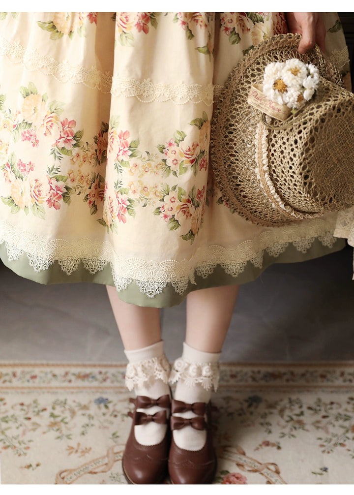 Surface Spell - Blooming Roses Over a Porch - Cotton Elegant Lolita JSK Dress, Floral Print