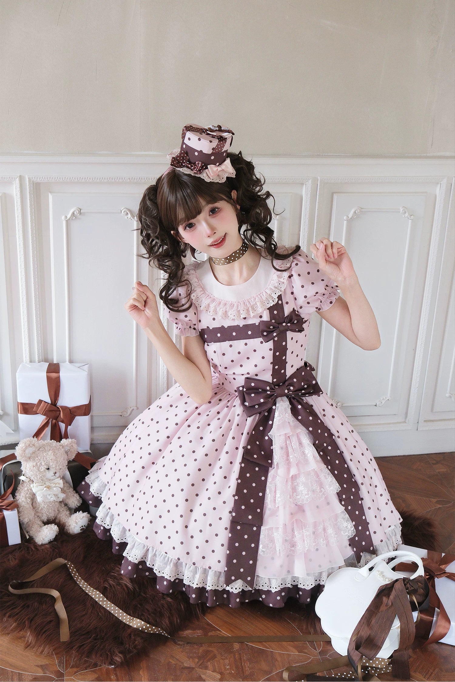 Coralie Box - Old School Lolita Polka Dot OP Dress, Cotton Round Collar 45520:851982