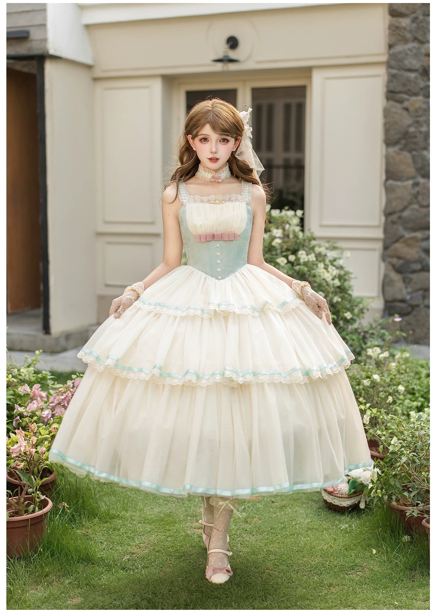 Sea Salt Soda - Classic Lolita Adjustable Corset JSK Dress, Tiered Tulle Hem 45257:856342