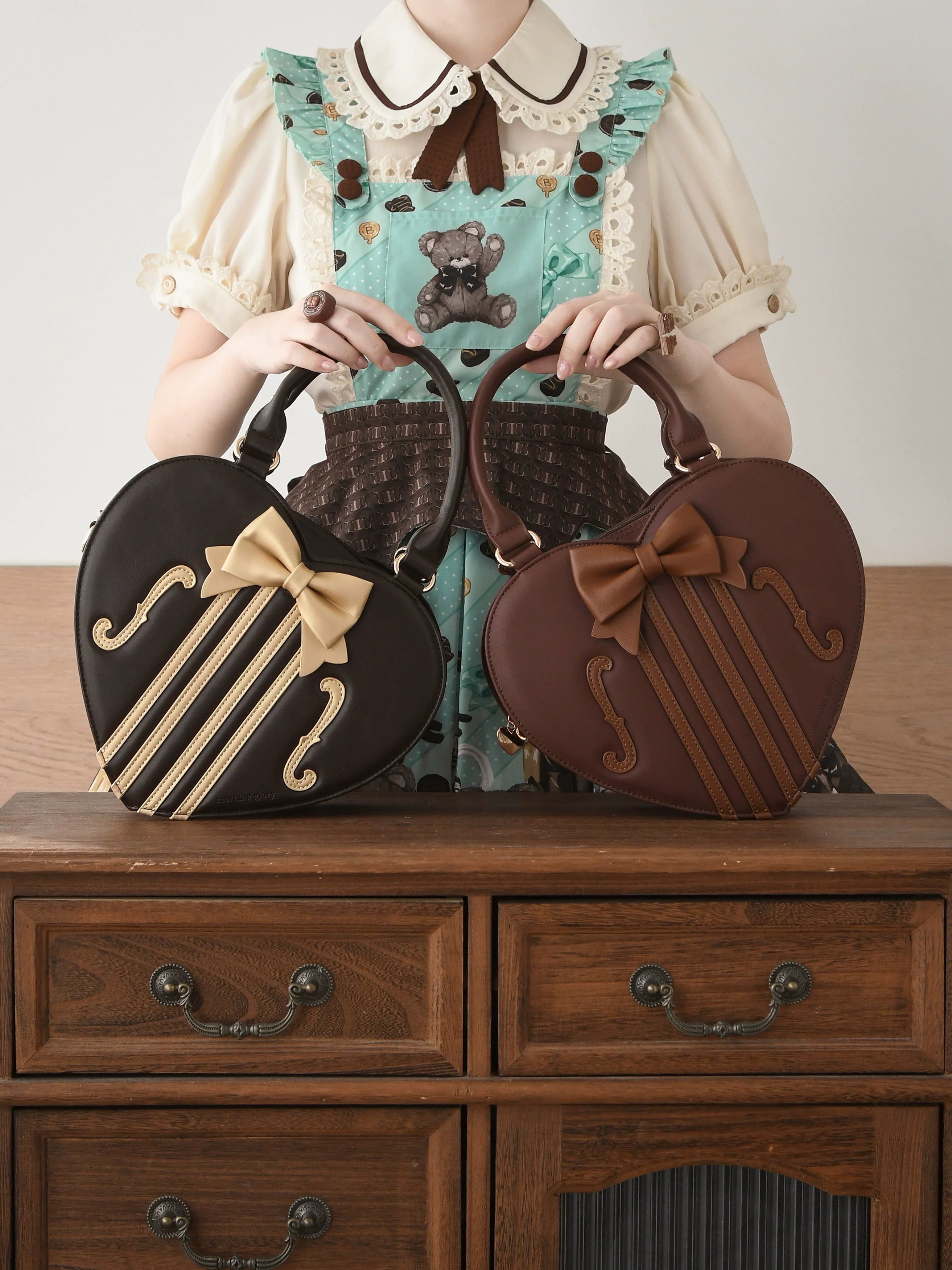 Heart of Violin - PU Classic Lolita Heart Shaped Bag, Violin and Bow Detail 45630:856445